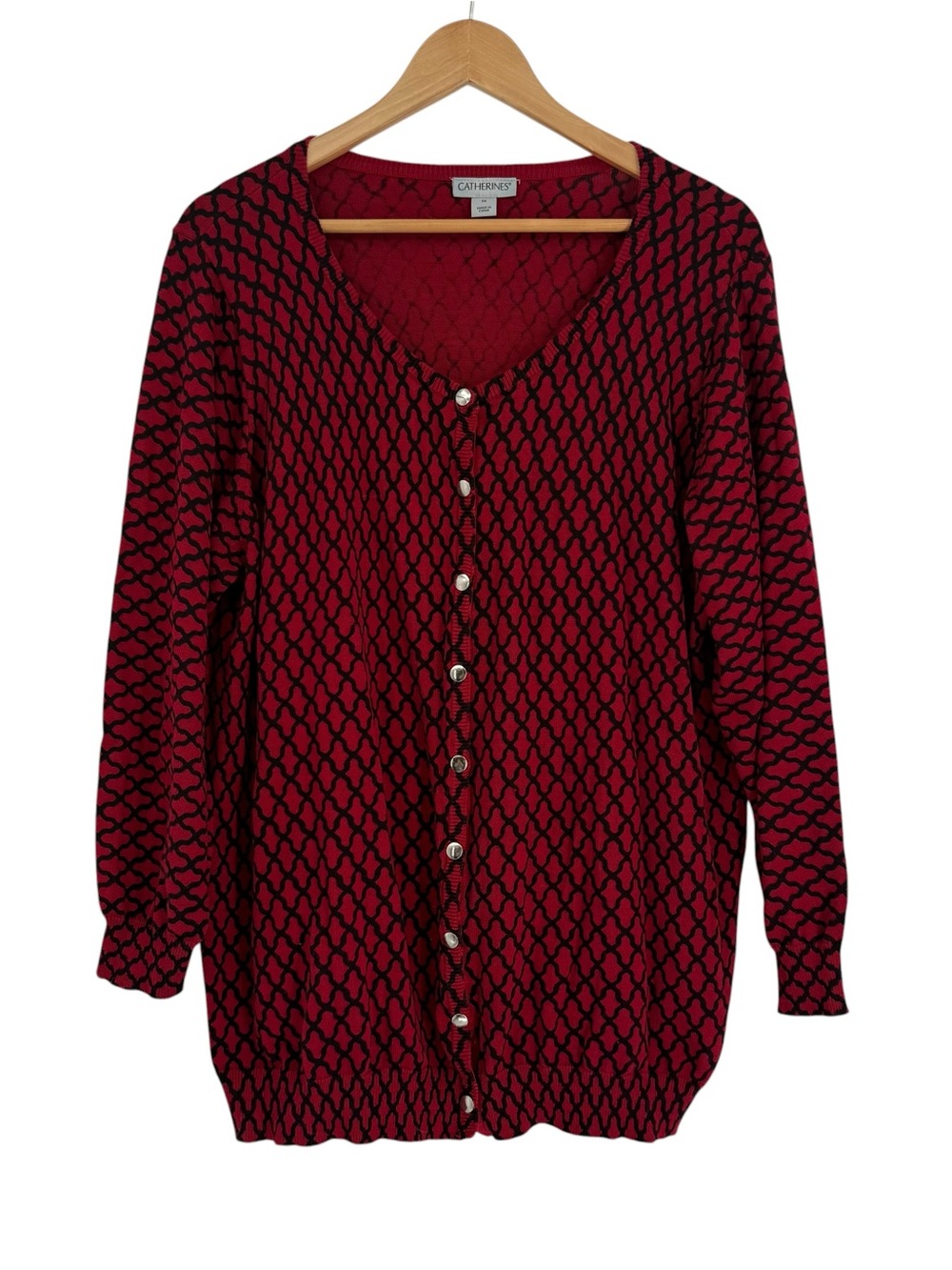 Catherines Knit Sweater Cardigan Red Black Size 1X Snap Front Vneck Long sleeve